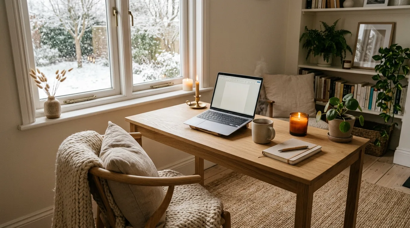 add texture to keep the room human in a home office inspired by warm cozy fall winter.