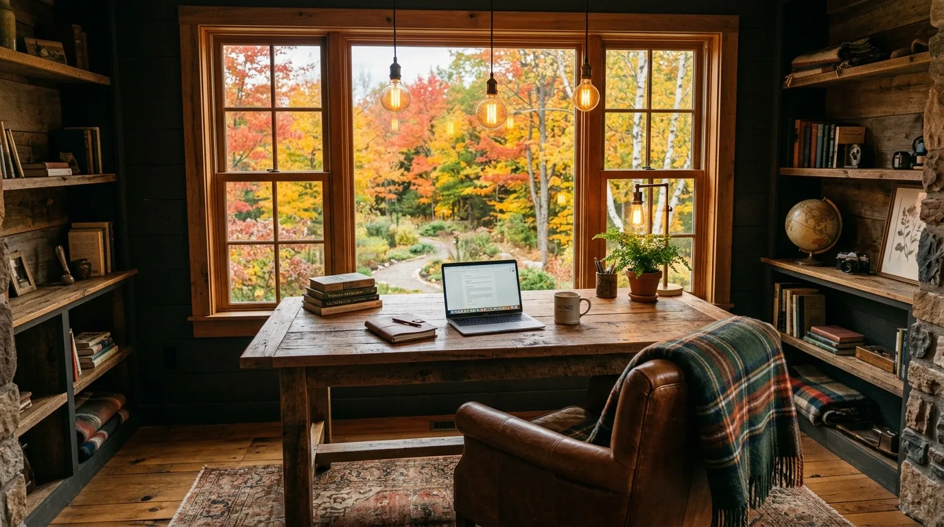 keep tools and storage close at hand in a home office inspired by warm cozy fall winter.