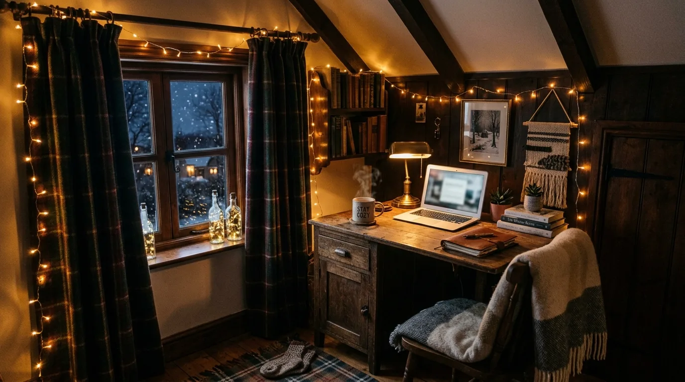 balance inspiration with visual calm in a home office inspired by warm cozy fall winter.