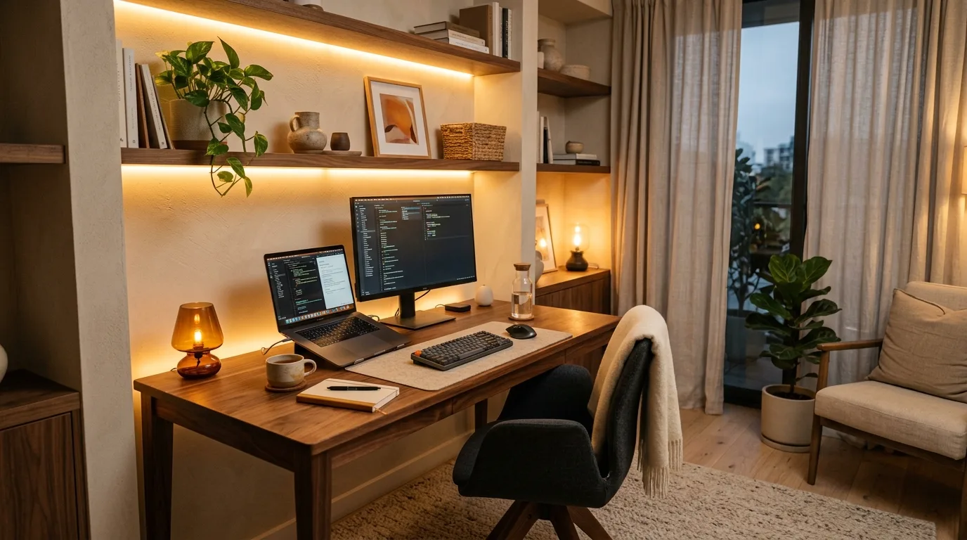 use layout to reduce daily friction in a home office inspired by warm cozy fall winter.