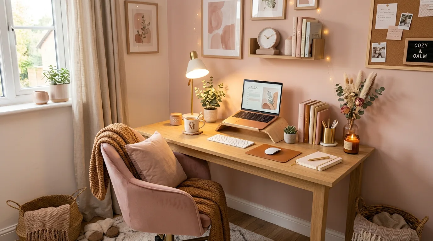 create a workspace that feels complete in a home office inspired by warm cozy fall winter.