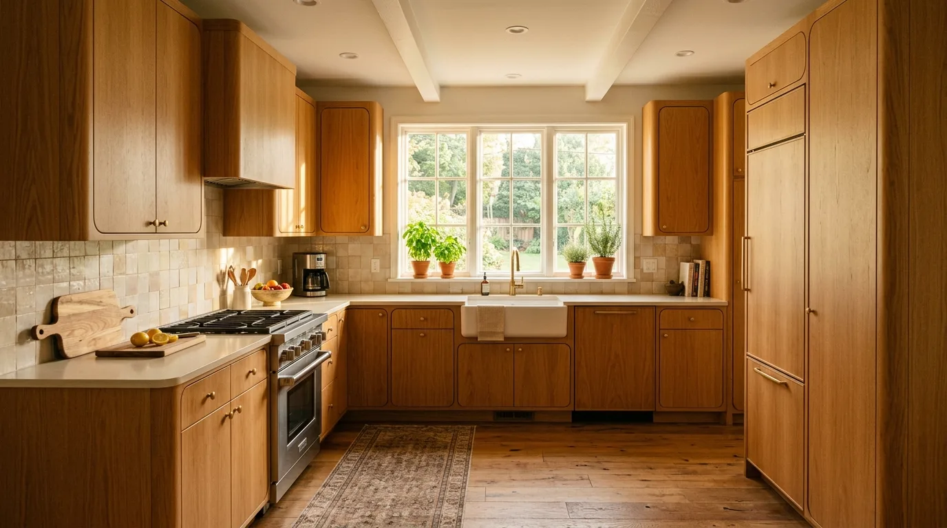 Warm honey oak kitchen cabinets refreshed with a retro-inspired update.