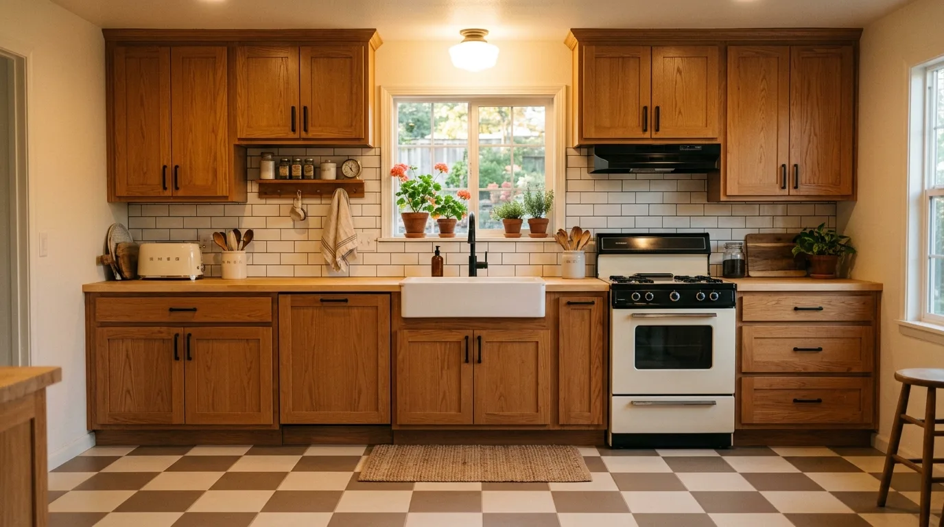 Simple hardware modernizing honey oak kitchen cabinets.