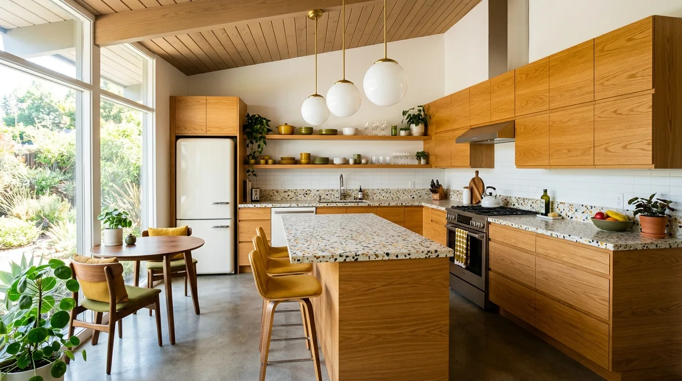 Soft retro backsplash refreshing a honey oak kitchen.