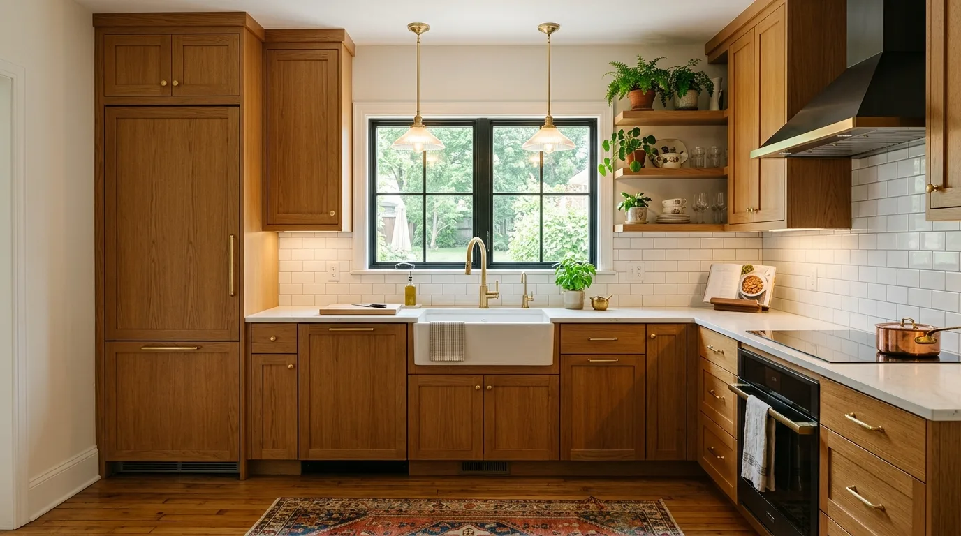 Honey oak as the warmest tone in a balanced refreshed kitchen.