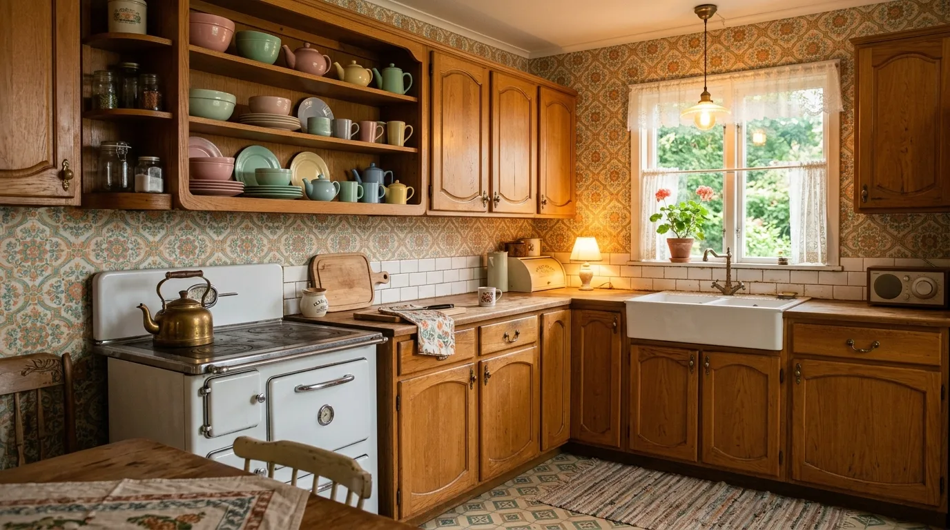 Light countertops lifting warm honey oak kitchen cabinets.