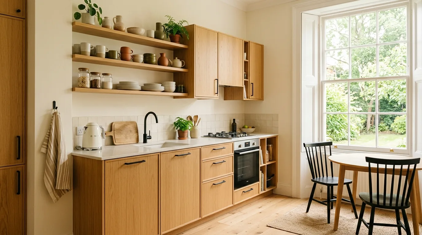 Black accents adding crisp definition to a honey oak kitchen.
