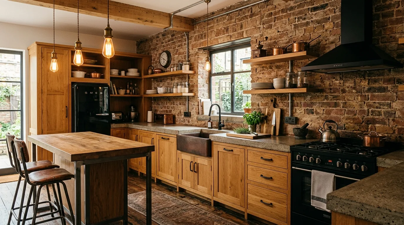 Open shelving used sparingly in a refreshed honey oak kitchen.