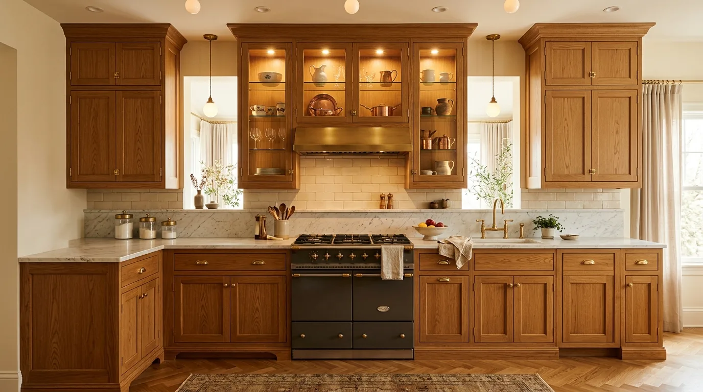 Vintage-friendly accessories styling a warm honey oak kitchen.