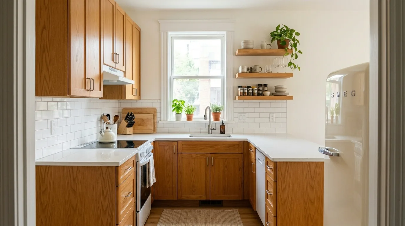 Soft warm palette supporting honey oak cabinets in a refreshed kitchen.