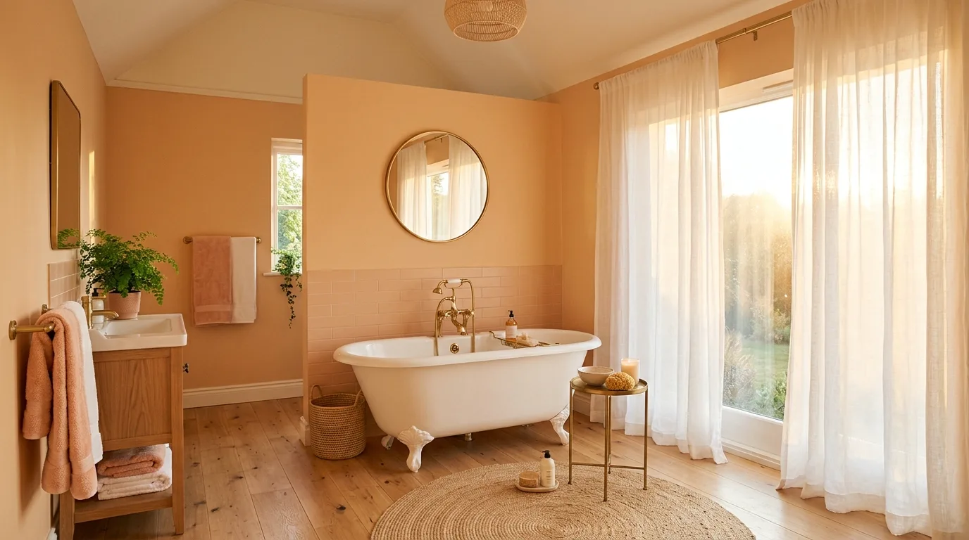 Warm Peach Bathroom Ideas for a Soft Sunrise Glow in a thoughtfully styled bathroom.