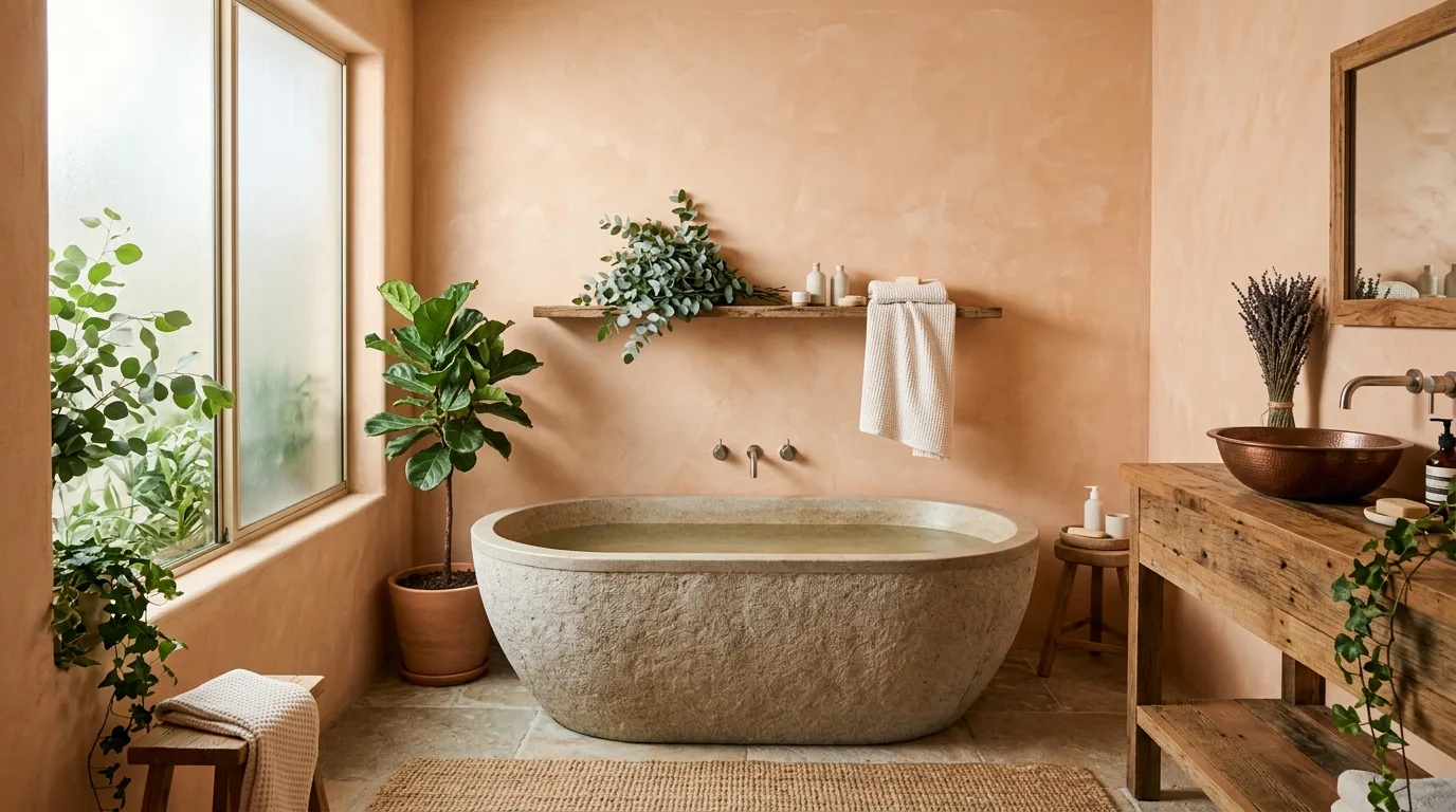 start with the main color or material story in a bathroom inspired by warm peach soft sunrise.