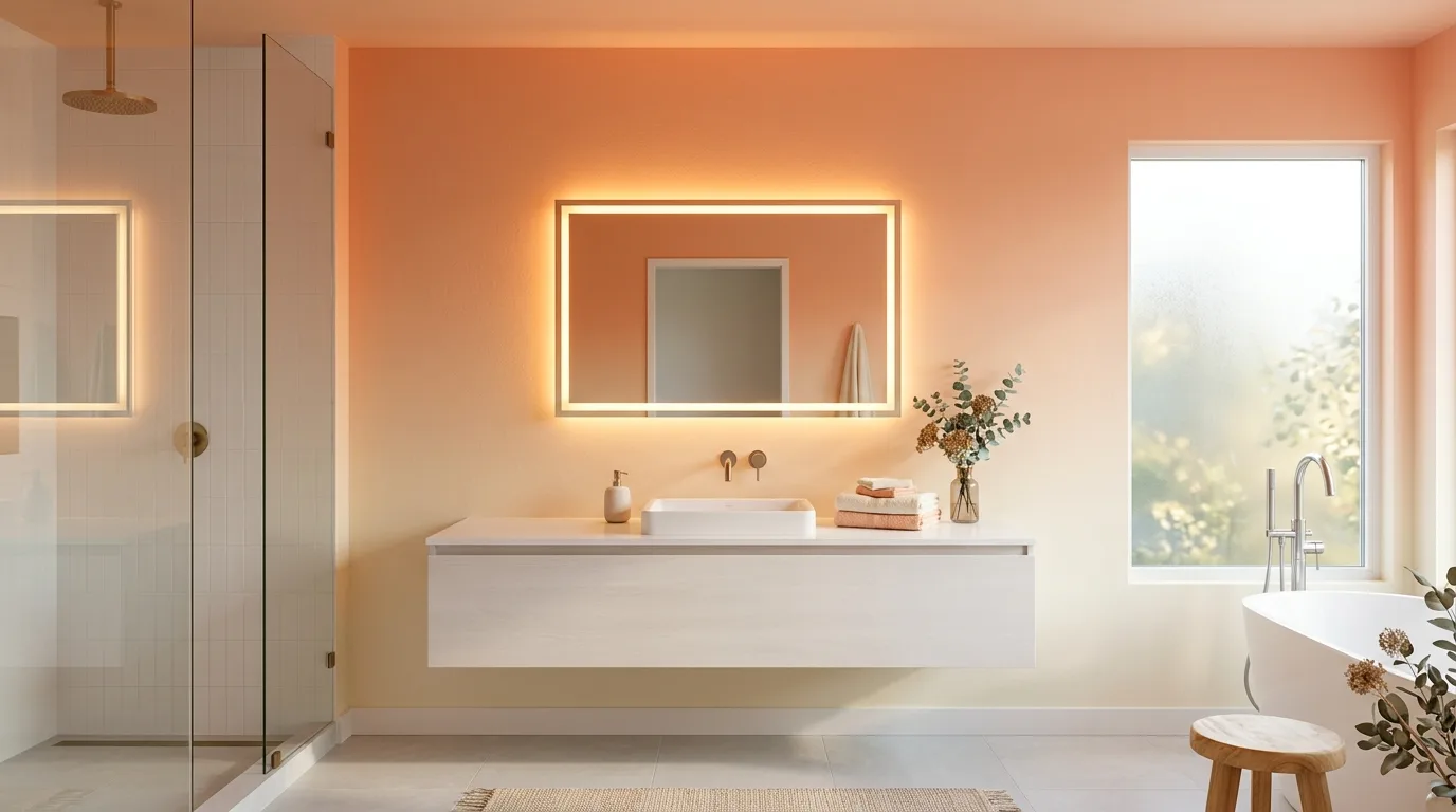 pair it with finishes that support the mood in a bathroom inspired by warm peach soft sunrise.
