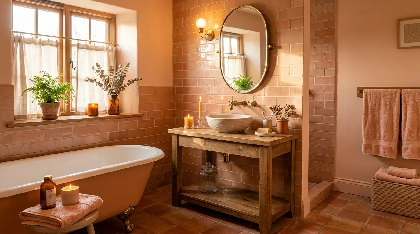 use lighting to bring the space to life in a bathroom inspired by warm peach soft sunrise.