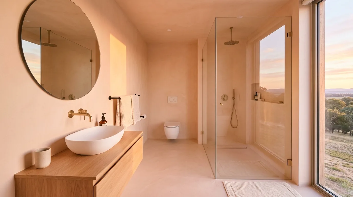 add texture for more depth in a bathroom inspired by warm peach soft sunrise.