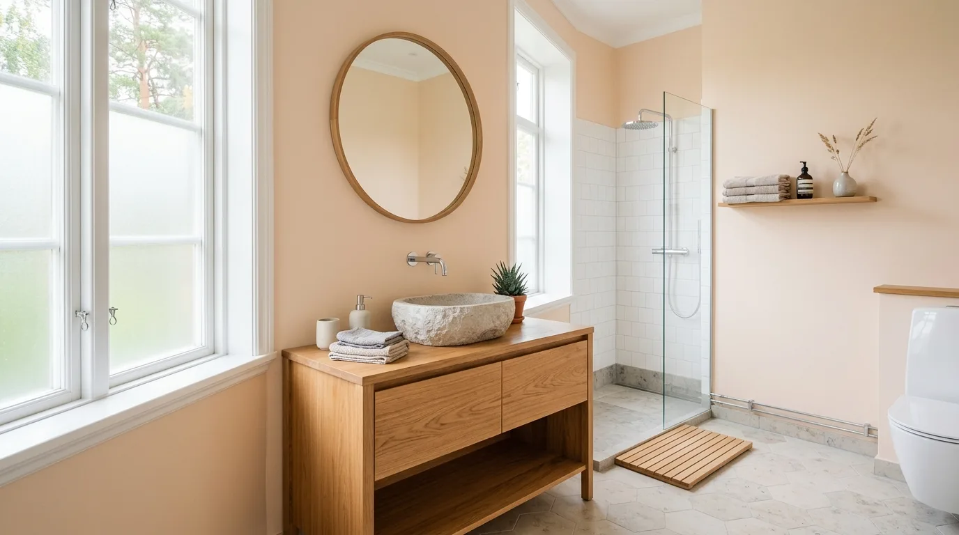 keep fixtures and lines thoughtful in a bathroom inspired by warm peach soft sunrise.