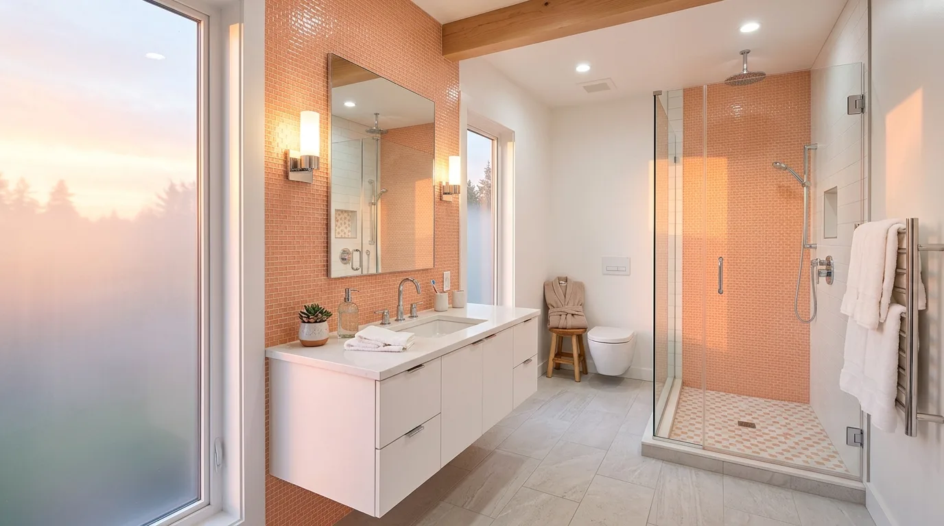balance boldness with breathing room in a bathroom inspired by warm peach soft sunrise.