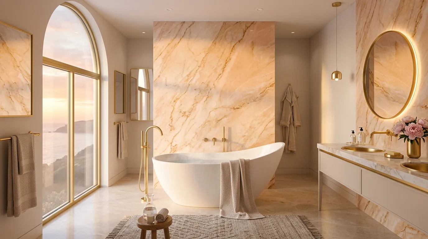 use decor that reinforces the look in a bathroom inspired by warm peach soft sunrise.