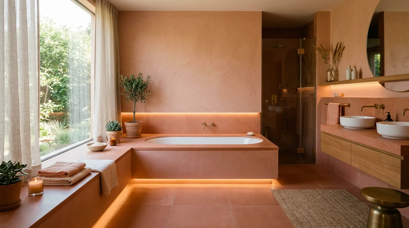 let the room feel personal and restful in a bathroom inspired by warm peach soft sunrise.