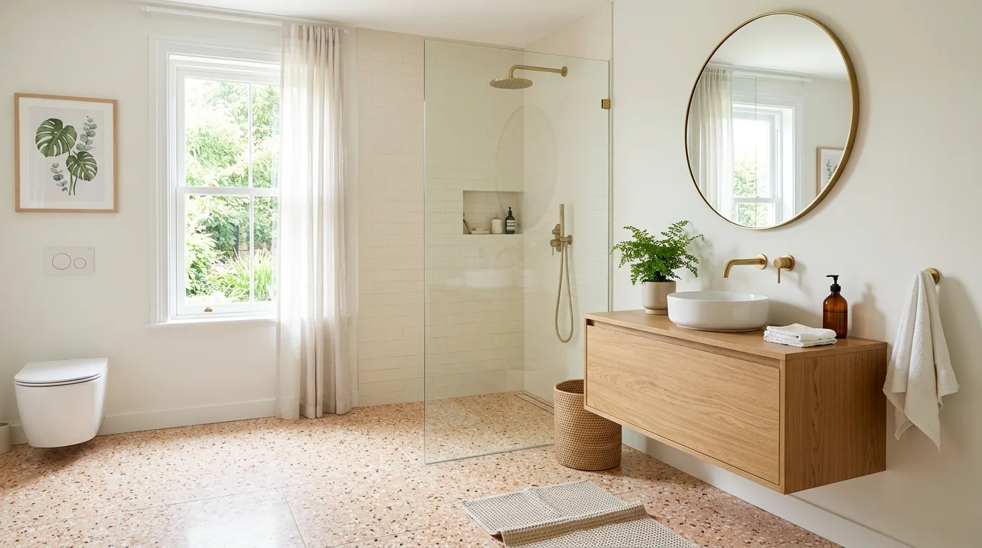 create a bathroom that feels complete in a bathroom inspired by warm peach soft sunrise.