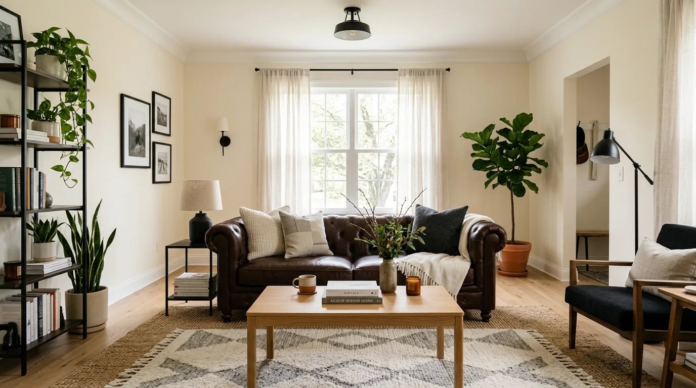 Dark brown couch styled beautifully in a balanced warm living room.