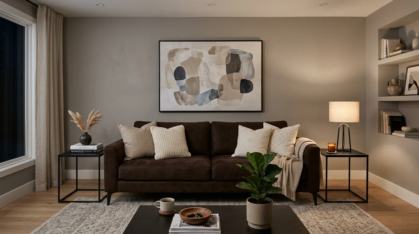 Light rug balancing the depth of a dark brown couch.