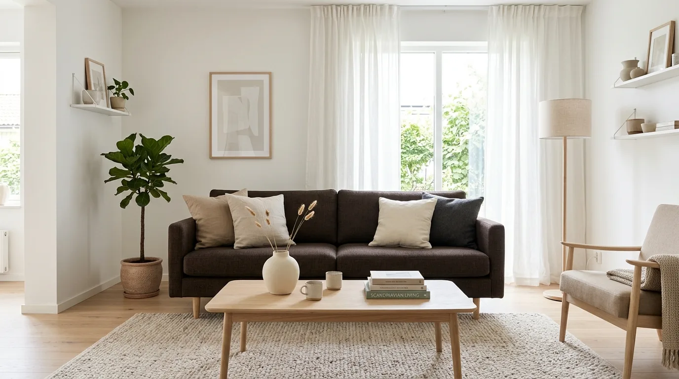 Warm wood tones styled around a dark brown couch.
