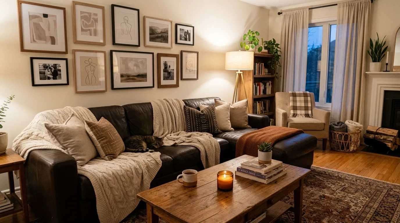 Greenery brightening a living room with a dark brown couch.