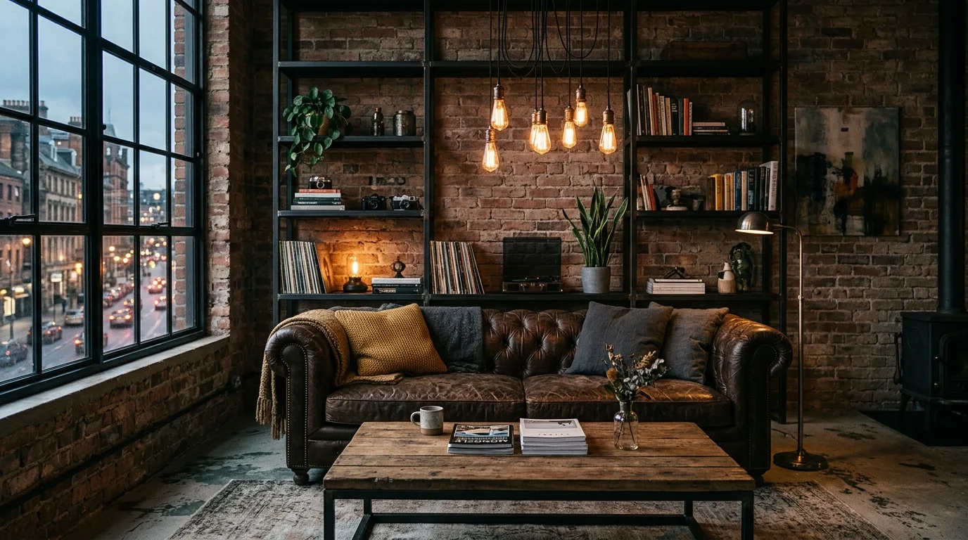 Cream and beige accents styled around a dark brown couch.