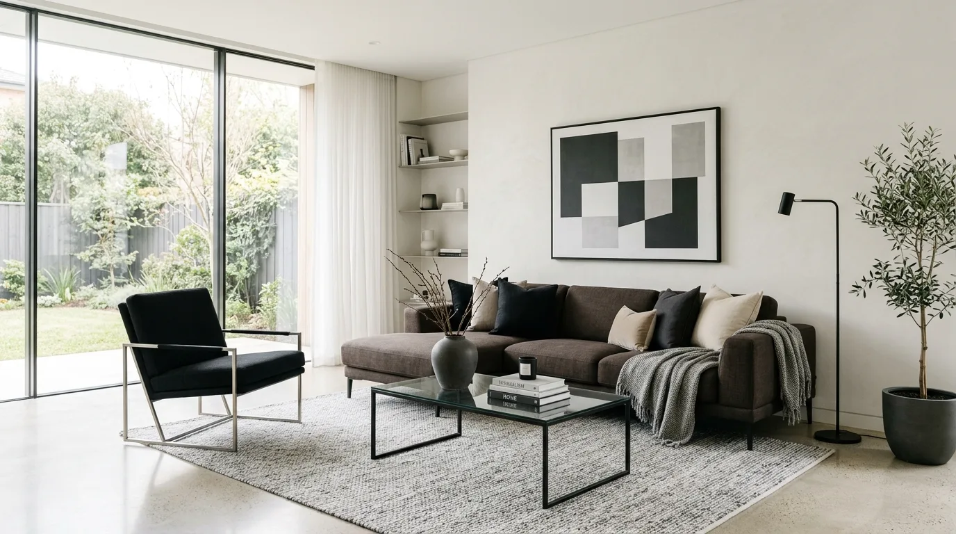 Warm earth-tone artwork complementing a dark brown couch.