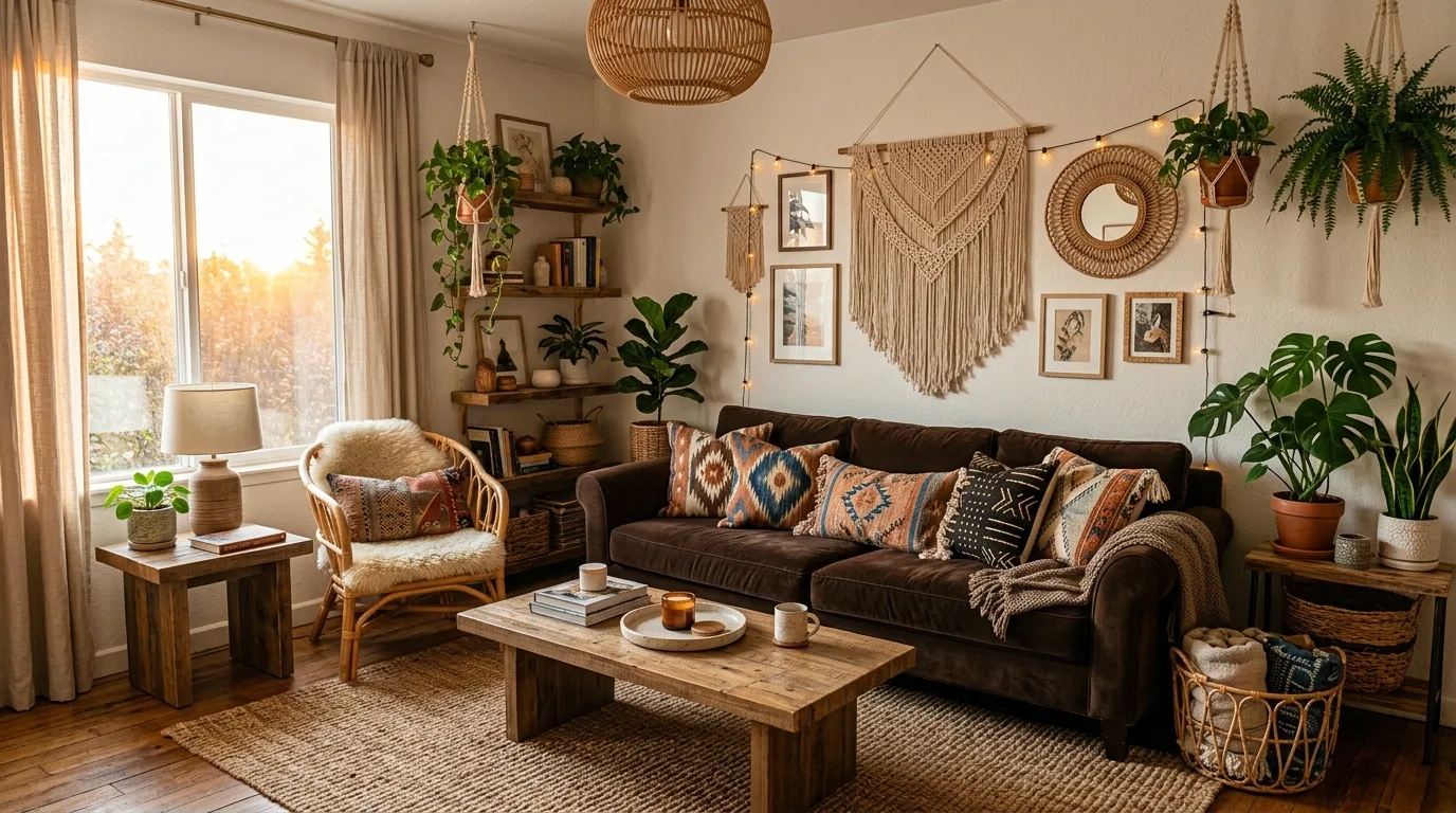 Layered textures making a dark brown couch living room more interesting.