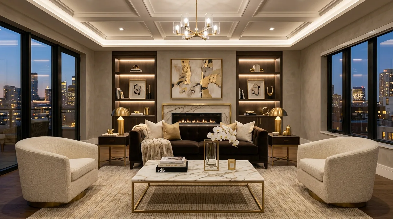 Black accents defining a living room with a dark brown couch.