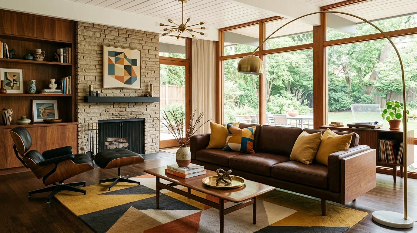 Warm living room lighting brightening the area around a dark brown couch.