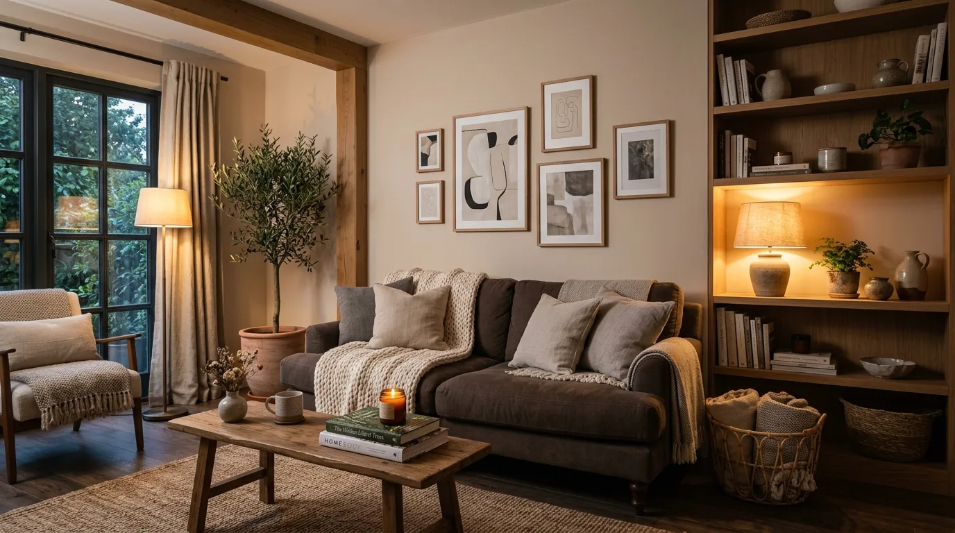 Dark brown couch styled to feel balanced and elegant in a living room.