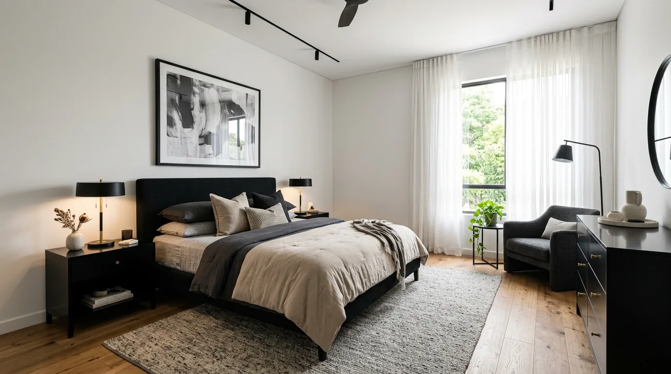 Black bedroom furniture styled cohesively with warm bedding and balanced decor.