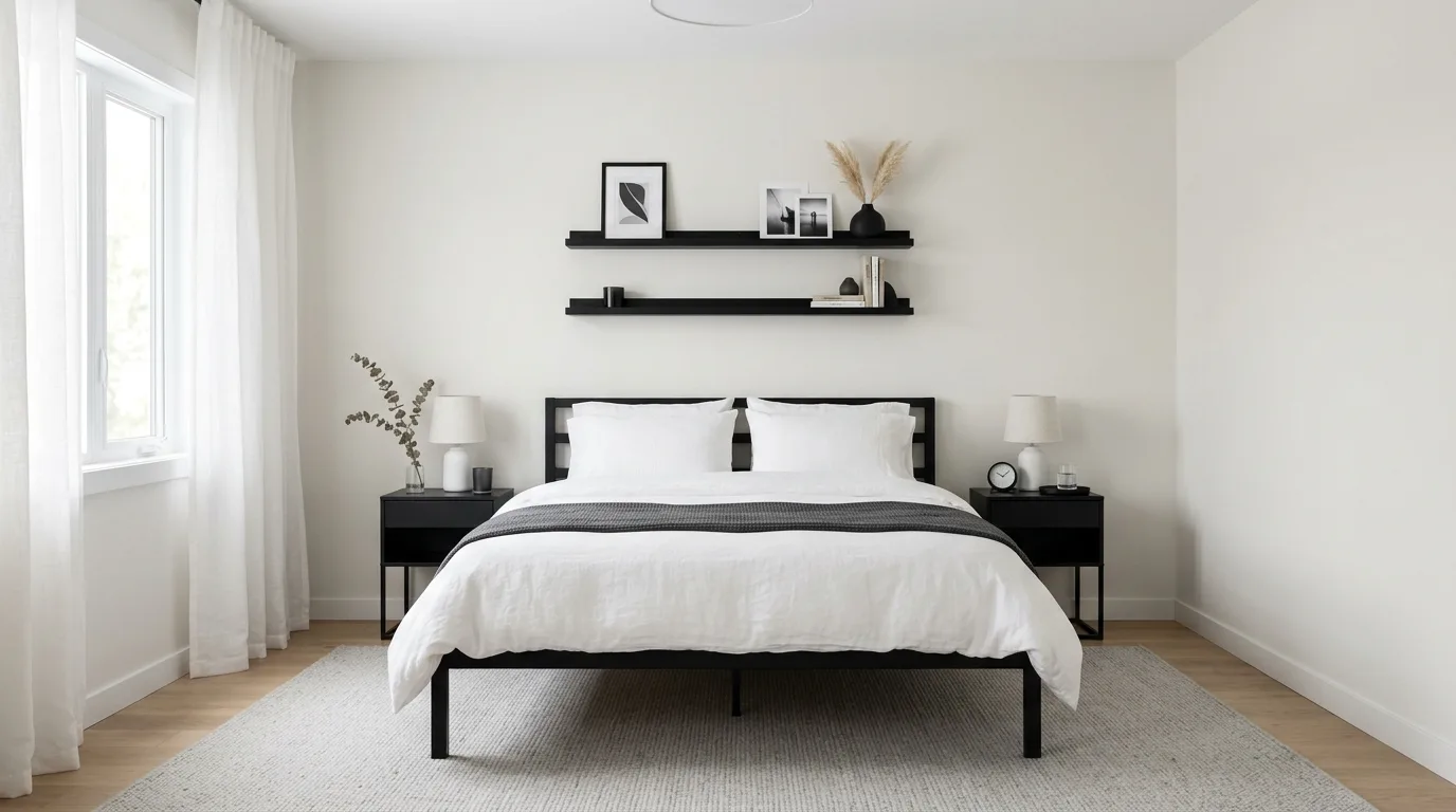 Black bedroom furniture repeated through small decor details for cohesion.