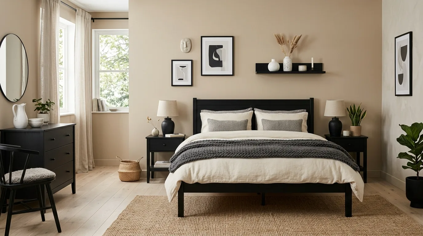 Black bedroom furniture warmed by beige and camel textiles in a cozy room.