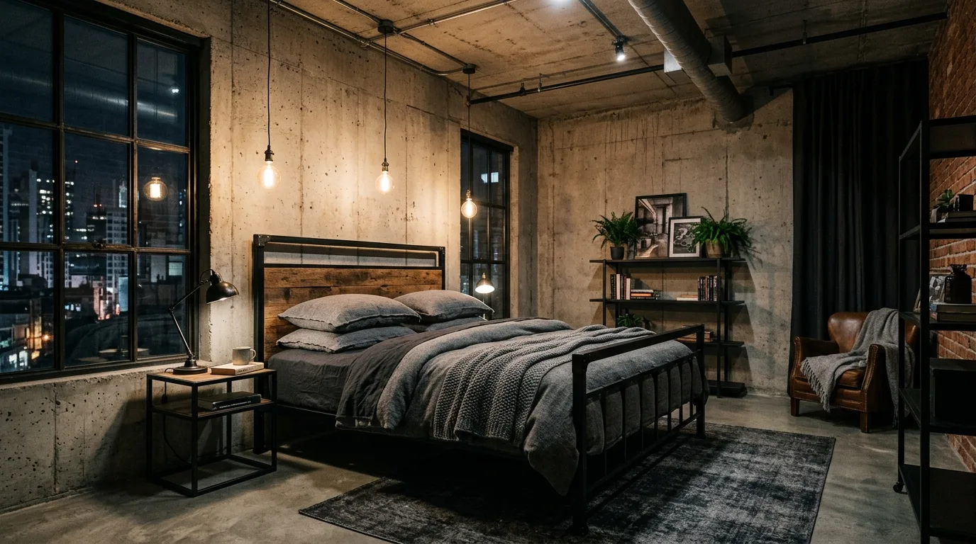 Black bedroom furniture balanced by light wood accents and airy bedding.