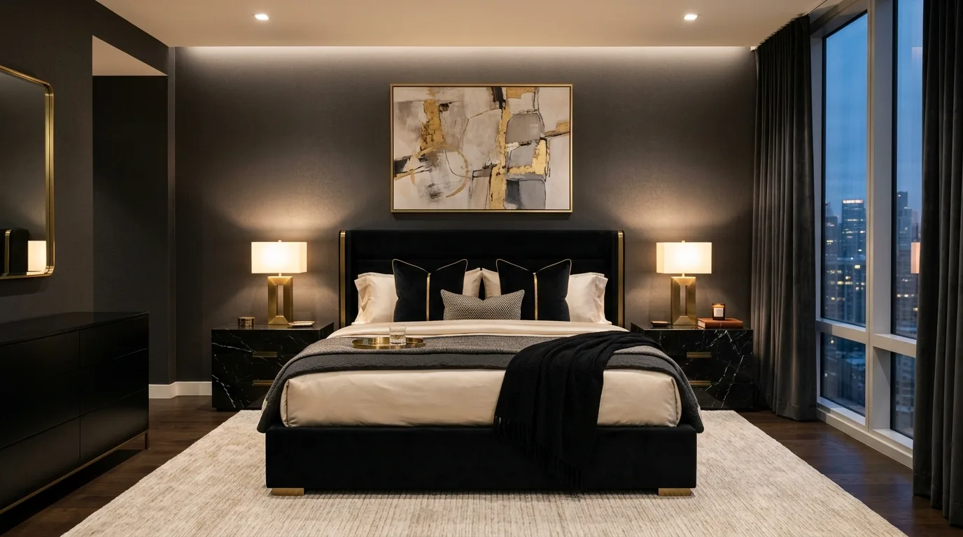 Soft textures layered around black bedroom furniture with sharp clean silhouettes.