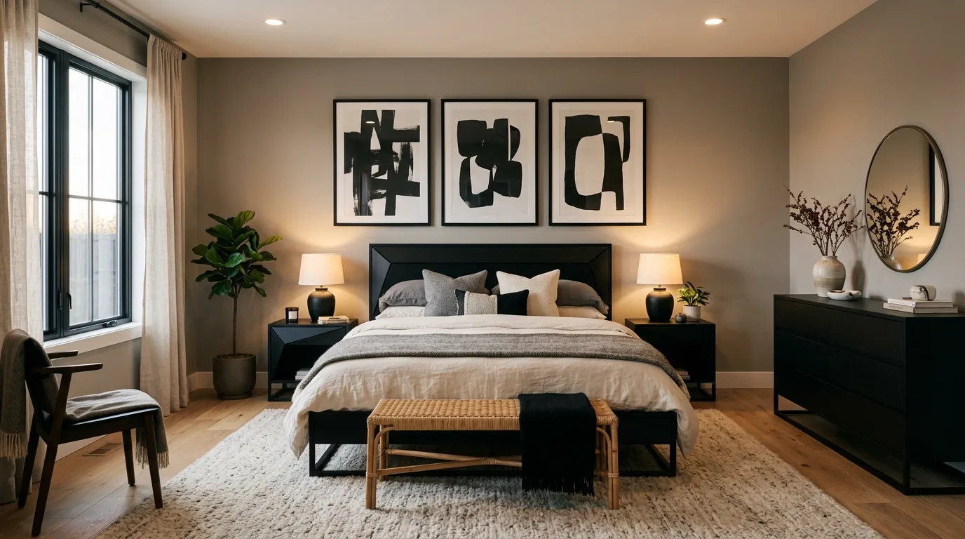 Single black bed anchoring the entire bedroom palette in a cohesive layout.