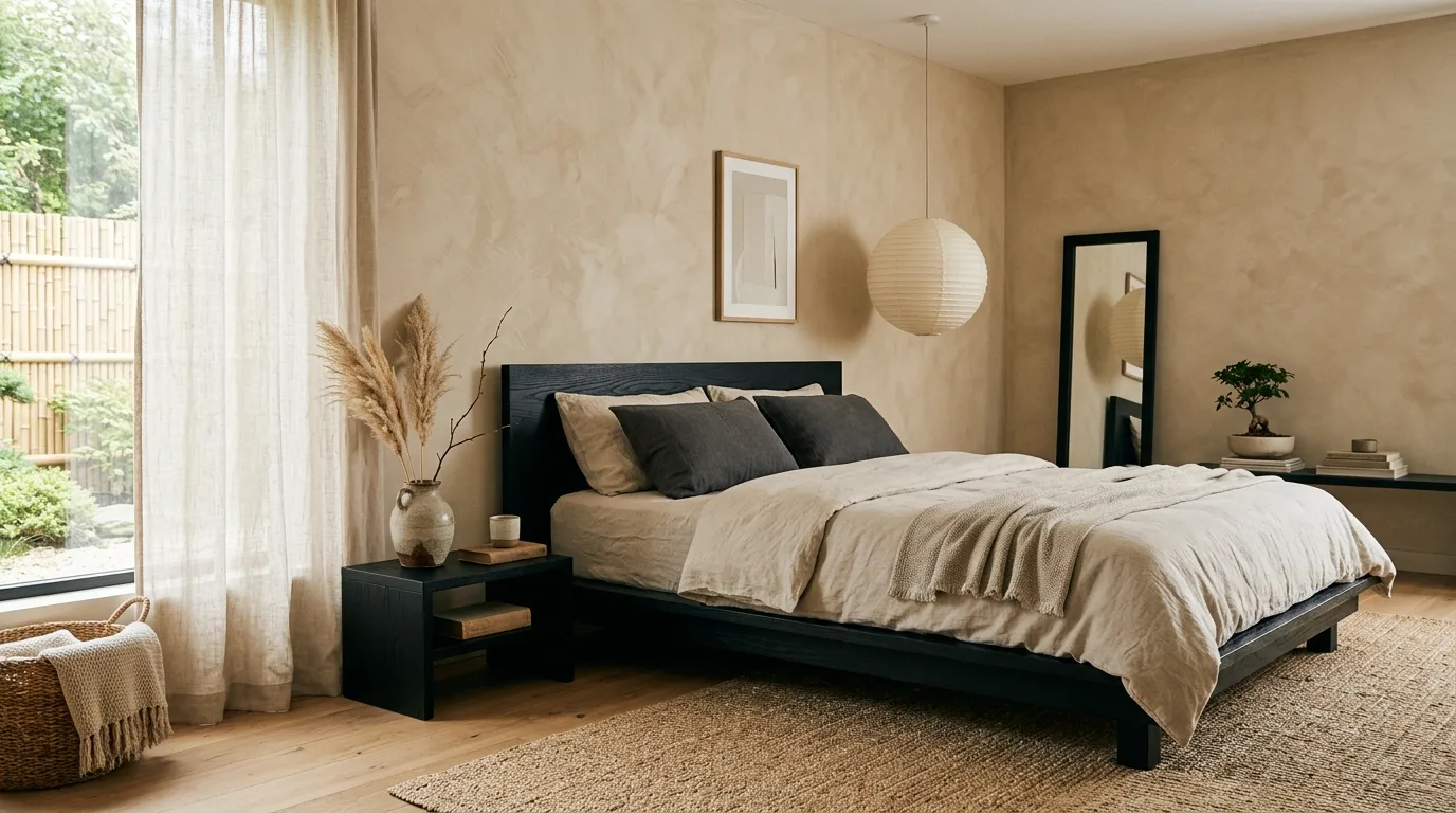 Matte black bedroom furniture mixed with soft grey layers in a cohesive room.