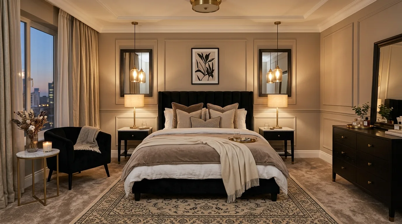 Warm lighting softening black bedroom furniture in a cohesive styled room.