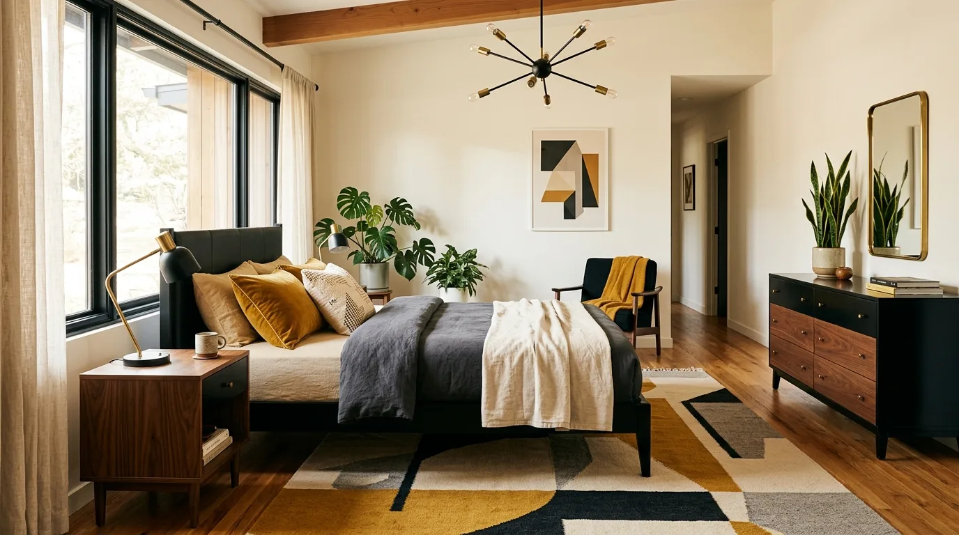 Black bedroom furniture set against calm supportive walls and layered neutral decor.