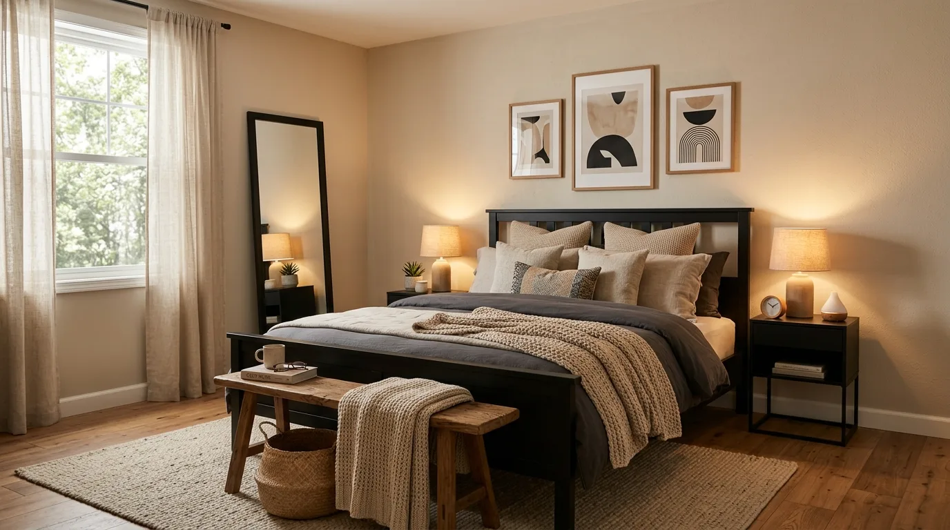 Black bedroom furniture that feels unified, warm, and easy to live with.