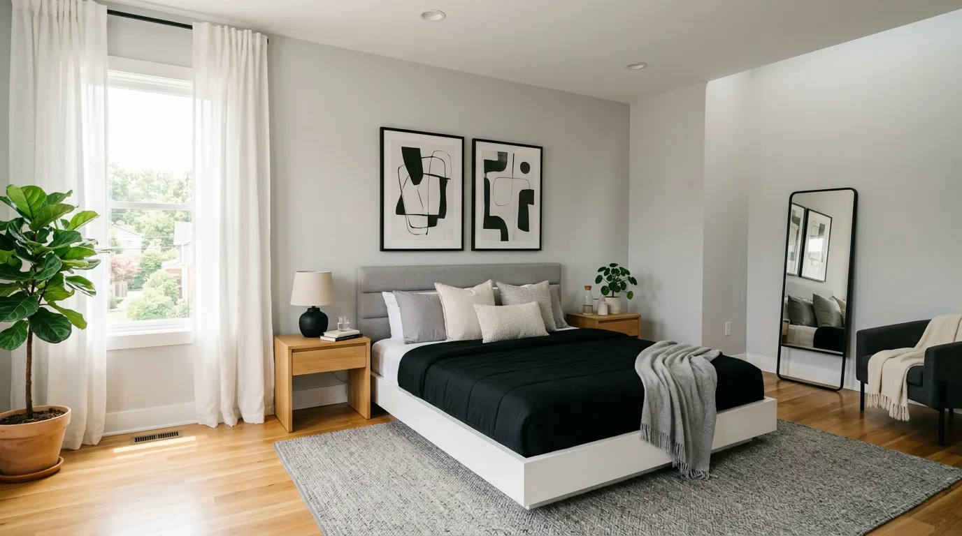 Black comforter styled in a polished bedroom with layered soft contrast.