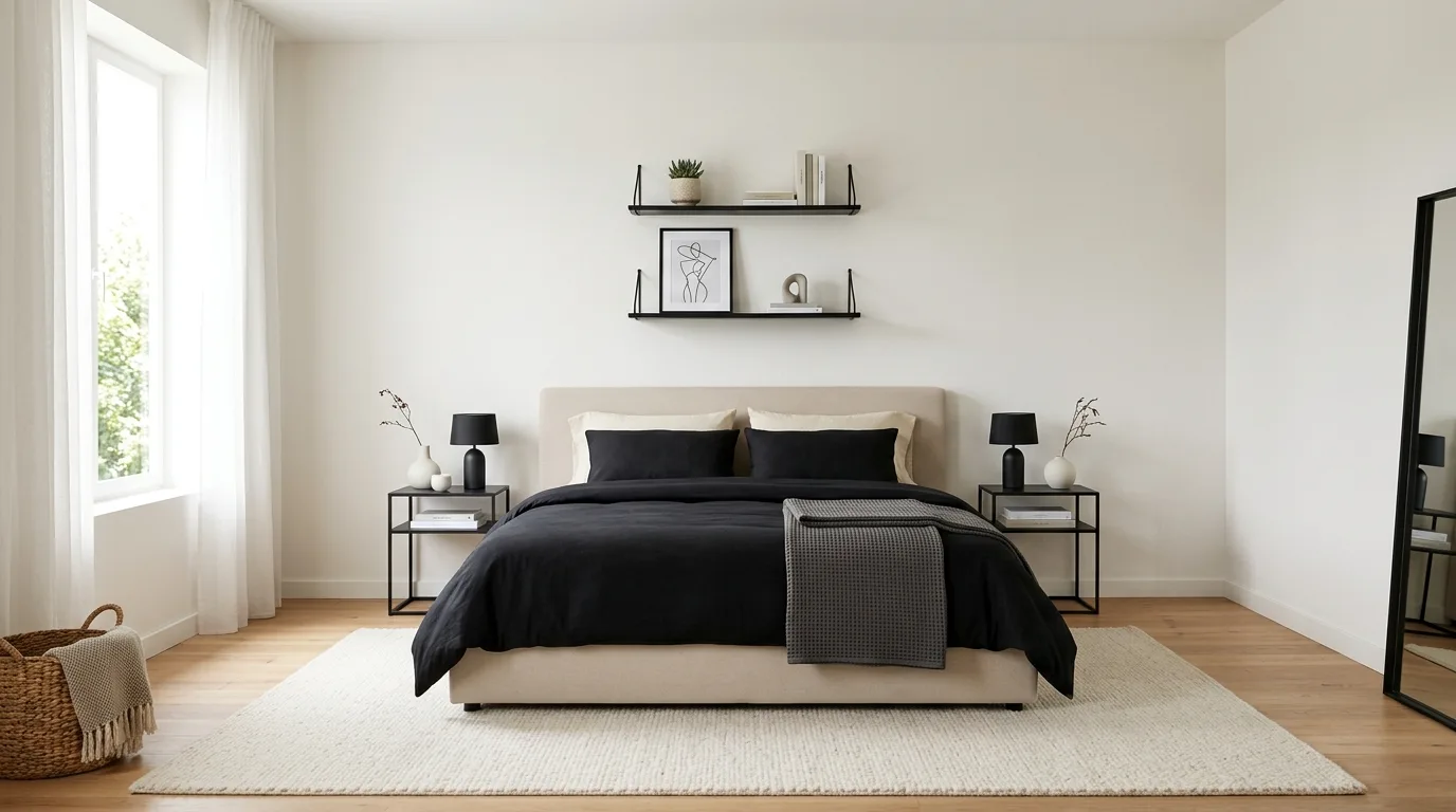 Black comforter softened by beige pillows in a warm polished bedroom.