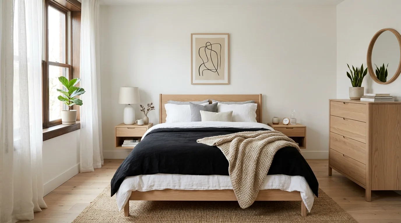 Black comforter on a light upholstered bed in a refined bedroom.