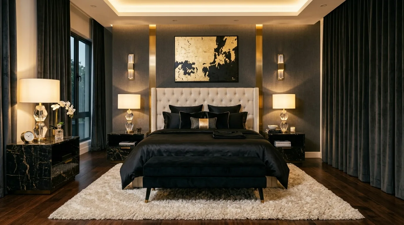 Black comforter layered with a textured throw in a polished bedroom.
