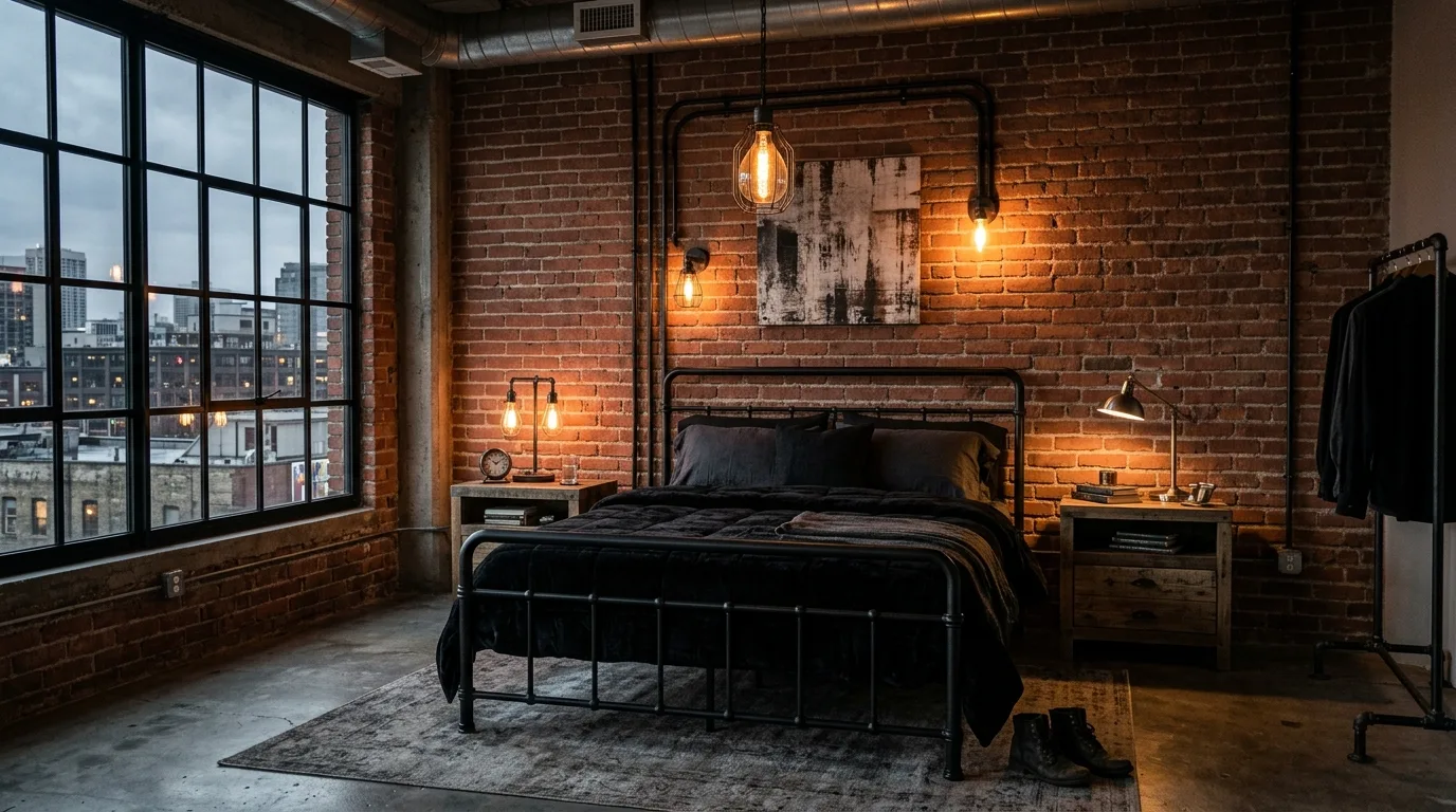Black comforter with warm wood furniture in a polished inviting bedroom.