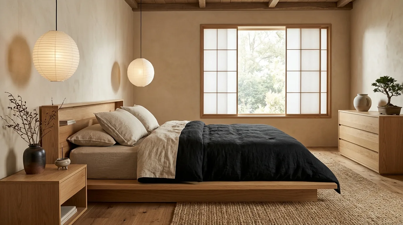 Black comforter styled with soft grey layers in a sleek tonal bedroom.